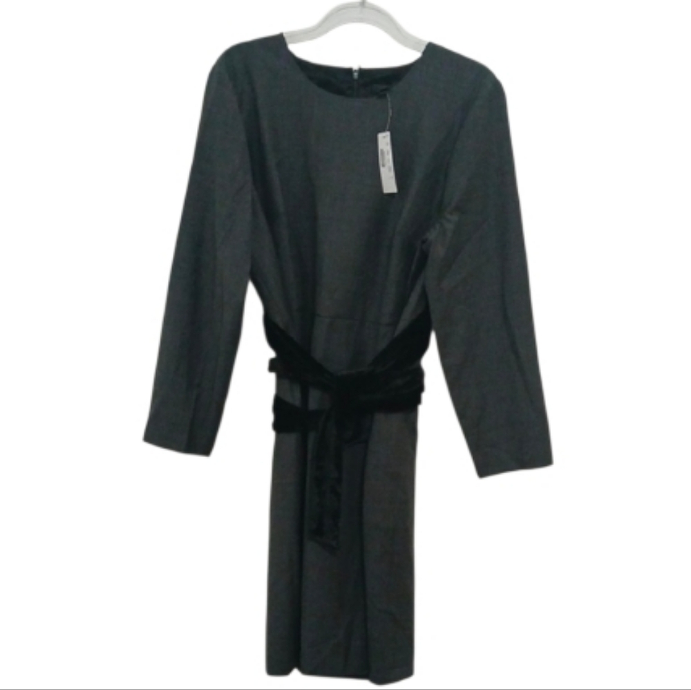 J. Crew Charcoal Gray Long Sleeve Dress with Black Velvet Waistband Sz 18 NEW